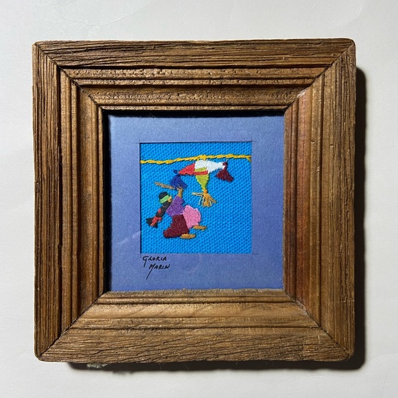 Gloria Marin Original Embroidered Framed Miniature Wall Art 5.5” Signed - Picture 1 of 5